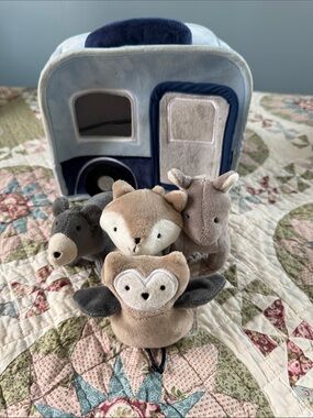 Lambs & Ivy Interactive Plush Woodland Animal Play Set with Blue Plush Camper